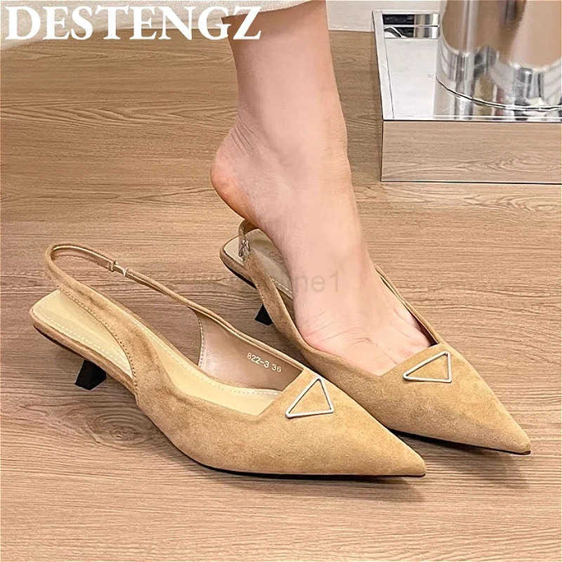 Pointed Toe Heeled Sandals Wen High H Shoes Sexy Slingback Summer 2025 Fi Dress Suede Shallow Elegant Pumps Mujer Z250327