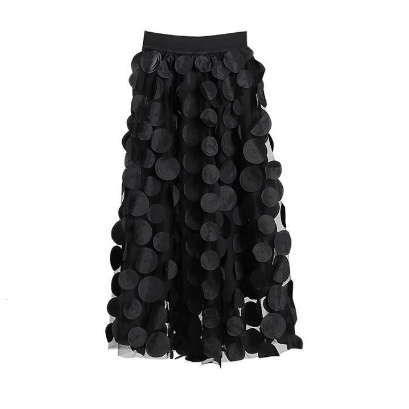 Women Polka Dot 3D Tulle Mesh Skirt Vintage Elastic Waist Long A-line Tutu Skirt 250317