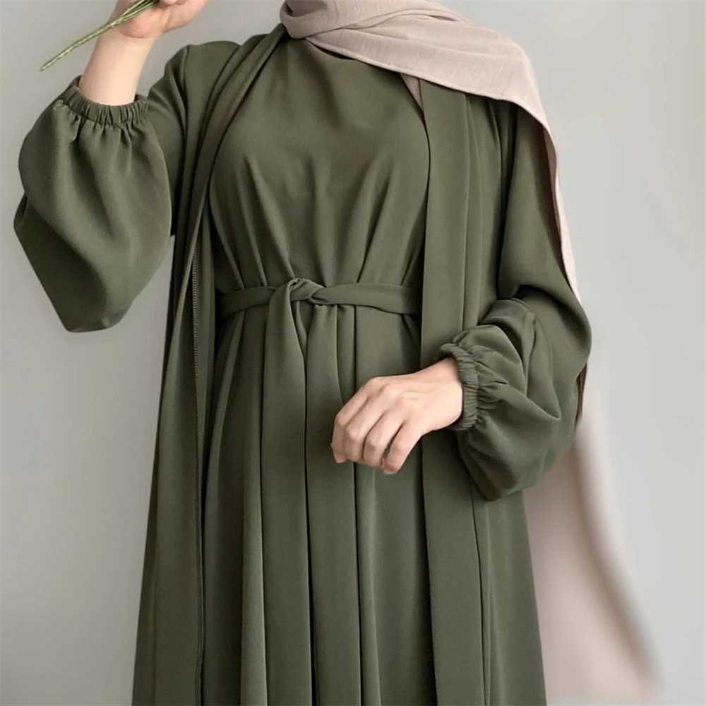 New Abaya Set Crinkle Fabric Open Abaya+Inner Long Dress Islamic Clothing Muslim Women Dresses Set Turkish Kaftan Ramadan Eid X2505141
