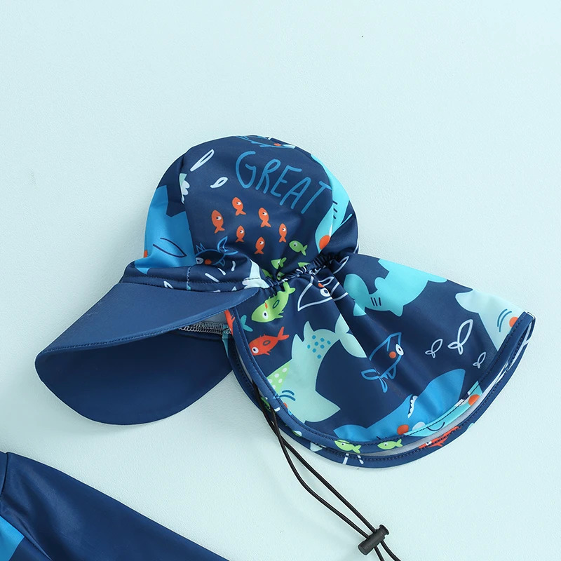 3Pcs Toddler Boys Rash Guard Swimsuits Cute Fish Print Long Sleeve Zip Up Bathing Suit Swimwear Beachwear Summer Clothes 250326