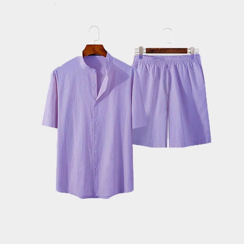 mens Hawaiian set summer solid color stand up collar short sleeved shirt and beach shorts streetwear highquality 2piece 2023 250326