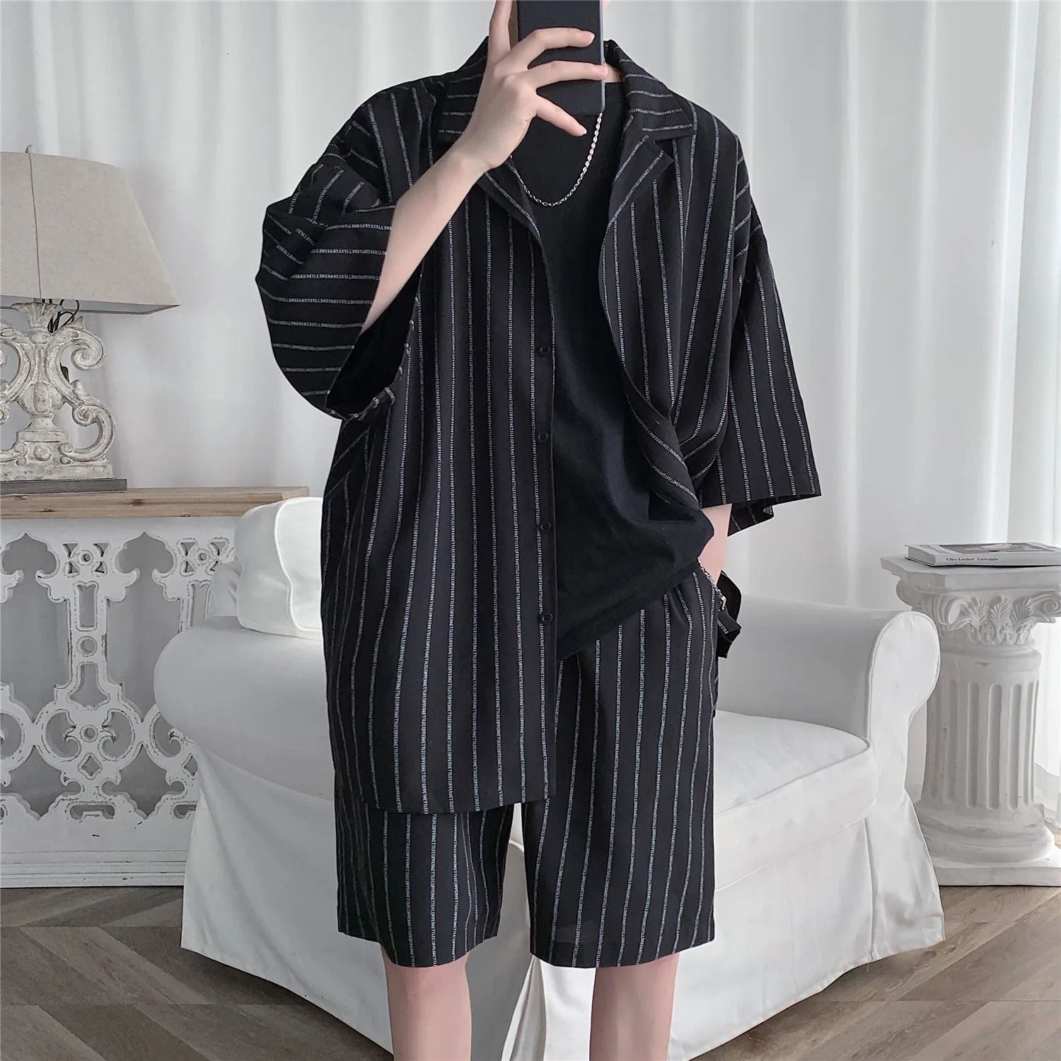 Korean mens track and field jacket shorts 2piece set summer striped sportswear ultrafine clothing lightweight 5XL 250326