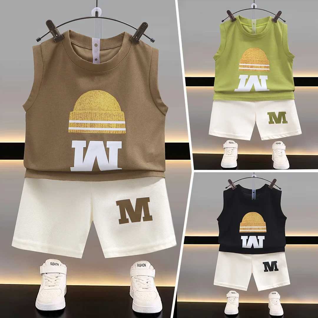 2024 New Summer Childrens Sportswear Set Boys and Girls Cartoon Letter Printed Sleeveless Tank Top+Shorts Baby Casual ClothingT250327