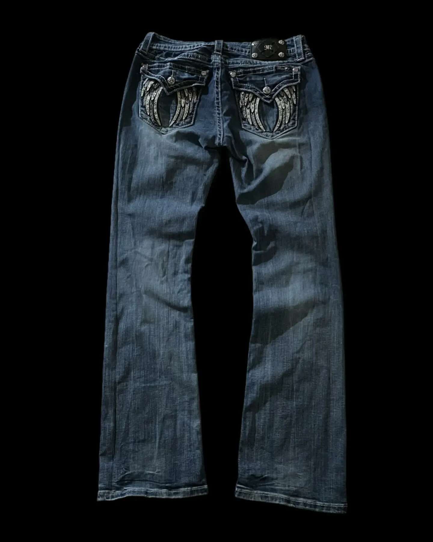 Y2k Wings Graphic Embroidered Jeans Women Clothing Haruku Vintage Blue Trousers Gothic Low Waist Bootcut Slim Fit Denim Pants