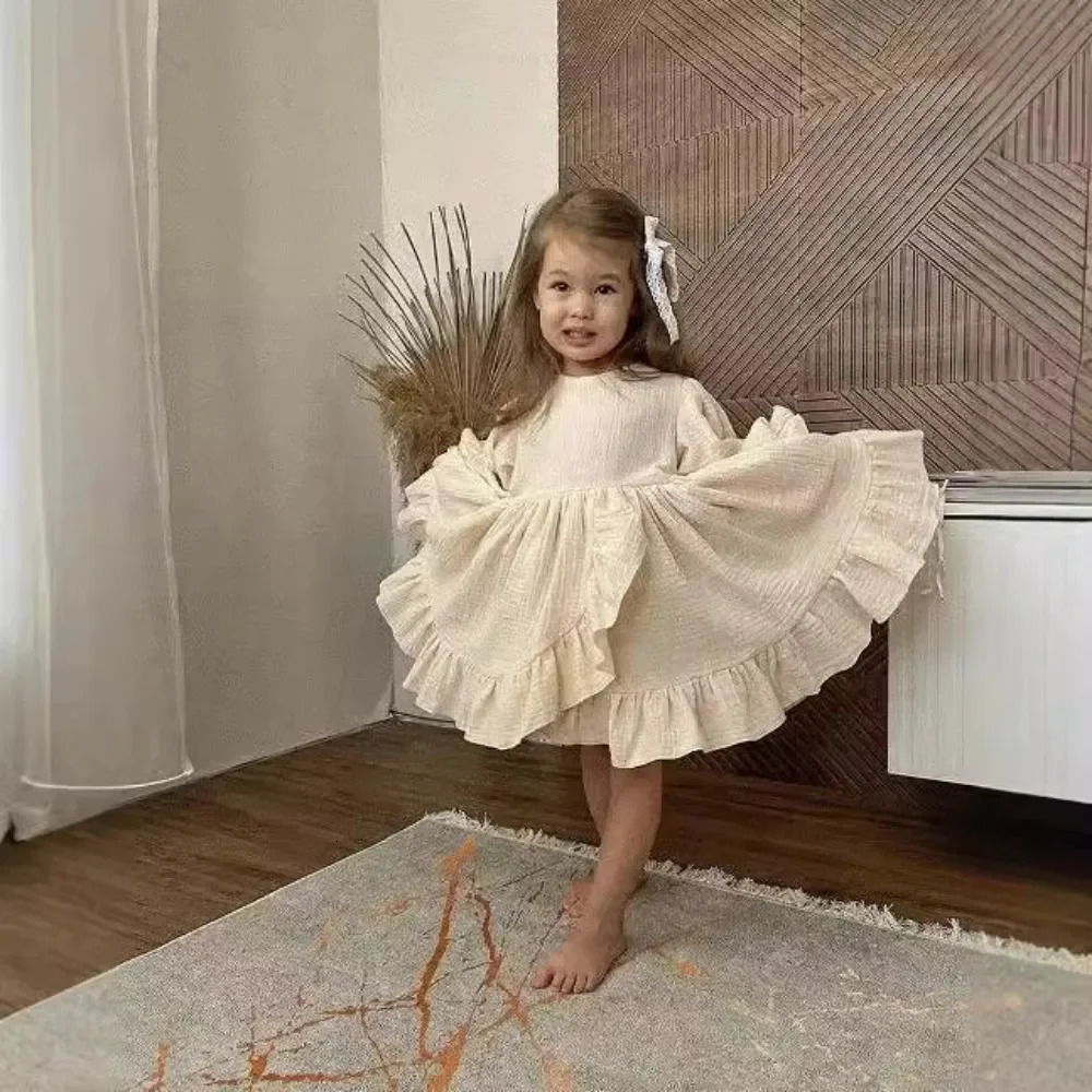 4475 Children Dress Autumn Linen Ruffled Slit Hem Dress Elastic Sleeve British Girls Dress 250326