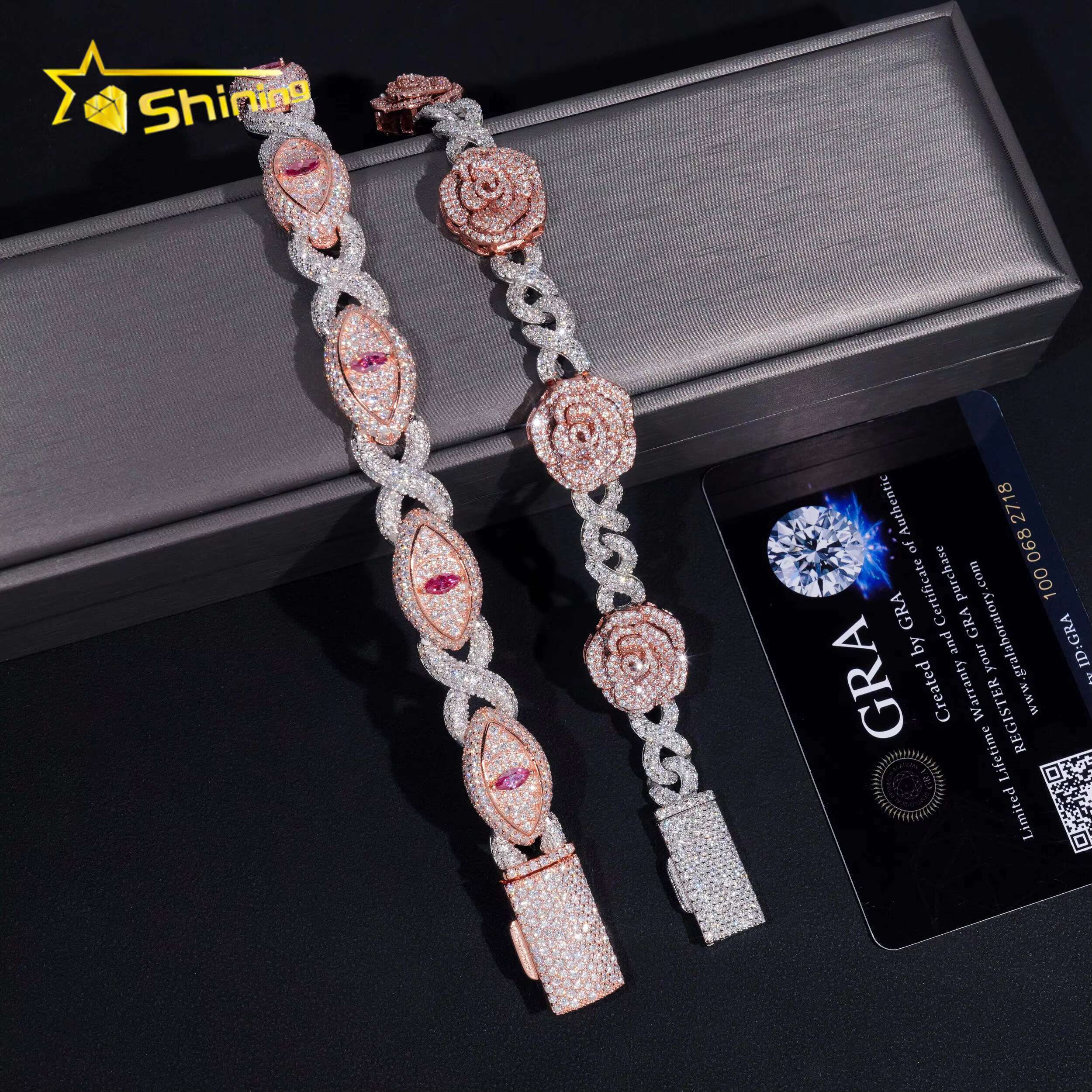 Real 925 Sterling Silver Gold Plated Hip Hop Jewelry Custom Colored Infinity Moissanite Cuban Bracelet Cat Eye Bracelets
