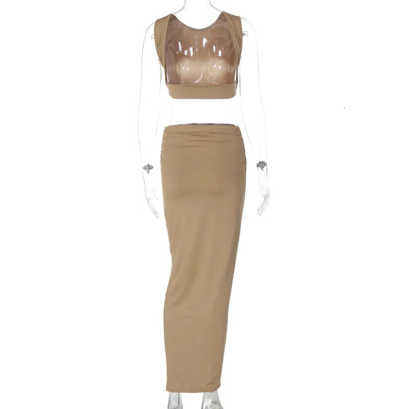 Cryptographic Elegant Fashion Sexy Backless Dress Set Club Womens Khaki Top and Skirt 2piece Matching 250326