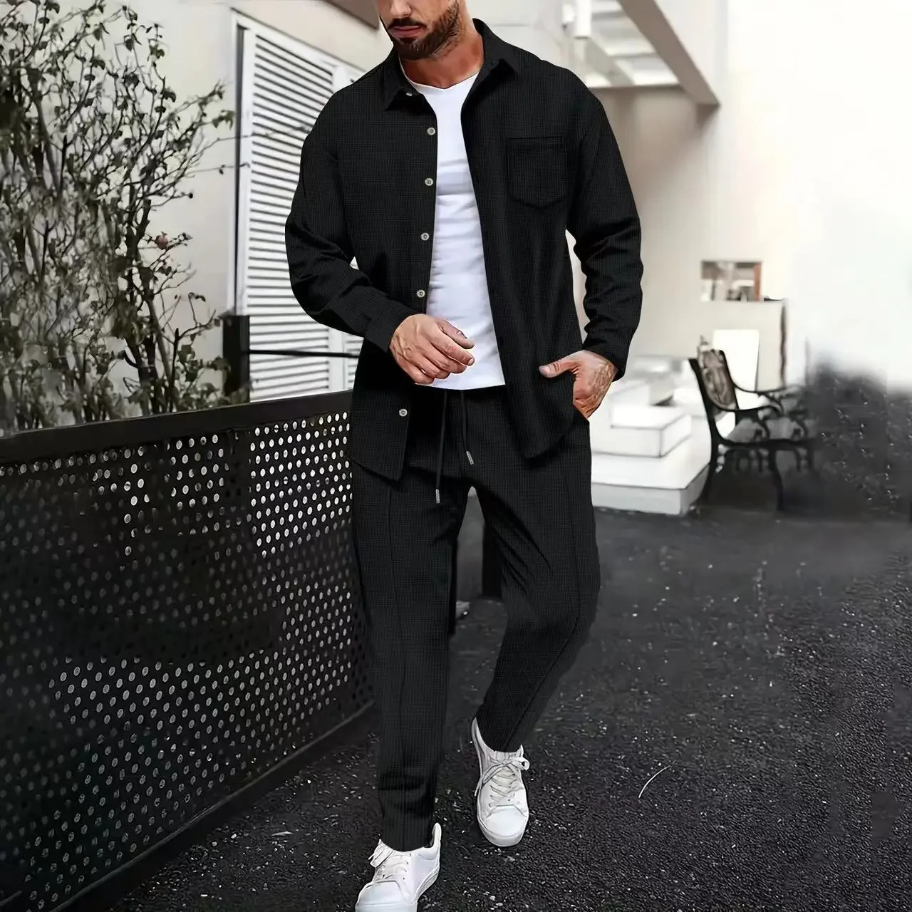 Spring and summer mens waffle solid color twopiece trend lapel long sleeved shirt Trous casual outdoor sportswear 250327