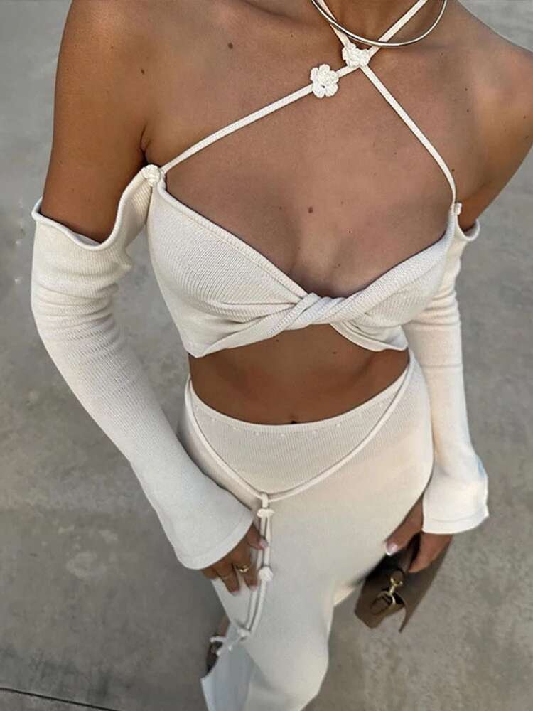 Sexy Knitted Sg Bikini Long Skirts Woman's Set Casual Slim Solid Lace Up Tube Tops Slit Skirt Sets Female Summer Beach Party