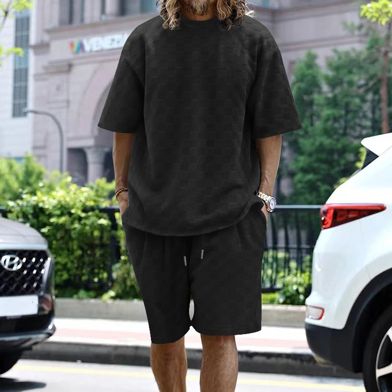 2024 summer towel plain weave mens collar short sleeved top and shorts fashionable casual oversized set 250326