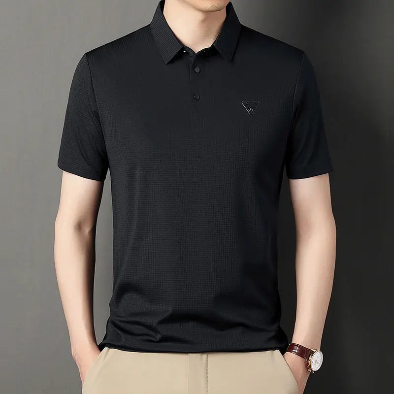 Ice Silk Mens Tshirt Shortsleeved POLO Shirt Solid Color Business Top Dad Middleaged 250311