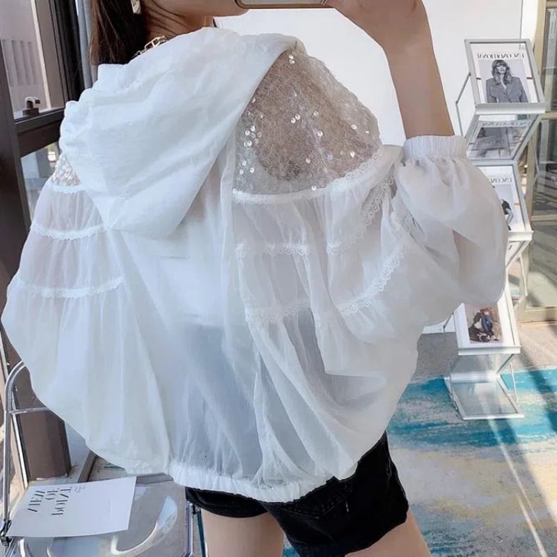 Womens Summer Long sleeved Hoodie with Hollow Splicing sequins Fashionable and Young Style Sunscreen Ventilation Jacket 250326