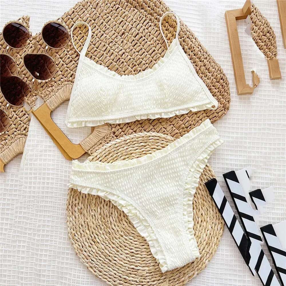 Ruffled Edge Sexy White High Waisted Bikinis Sets Swimsuit 2025 Wrinkled Swimwear Women Bathing Suit String Bandeau Bikini Mujer