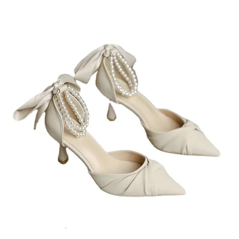 Women Elegant White High Heels Sandals Summer Chunky Platform Pearl Ankle Straps Pumps Woman Lace Bowtie Party Shoes