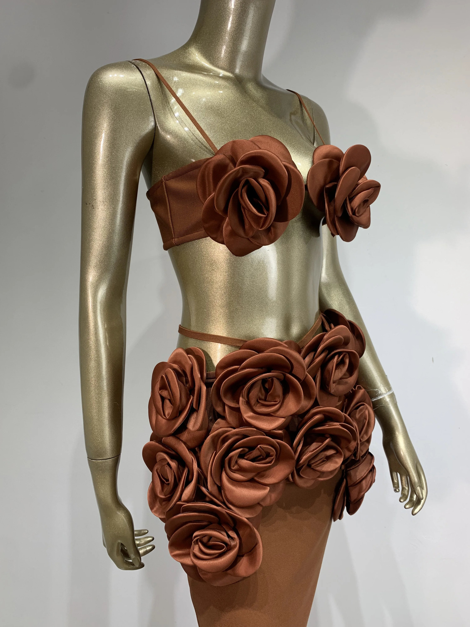 Womens Celebrity Sexy Backless Strapless Flower Brown Maxi Long Bandaged Ski Set Knitted Elegant Nightclub Party Clothing 250326