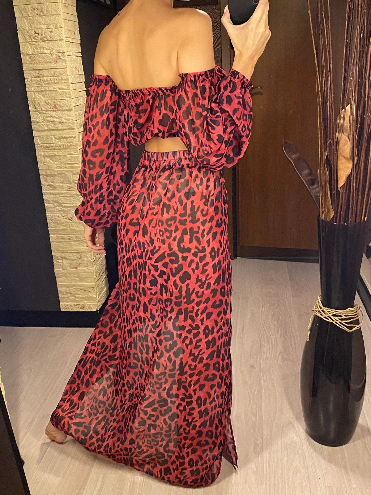 2025 Leopard Off Shoulder Long Sleeve 2piece Beach Cover Top Dress V3728 250326