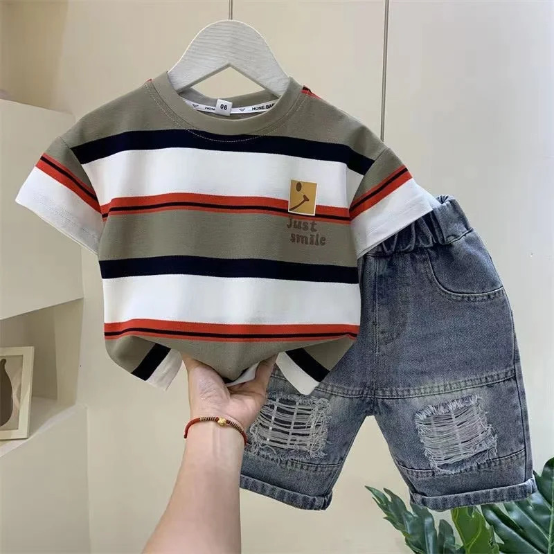 Boys Summer Boutique Outfits Cotton Set Baby Boys Short Sleeve Shirt Jeans Shorts 2pcs Clothing Children 6 7 8Y 250326