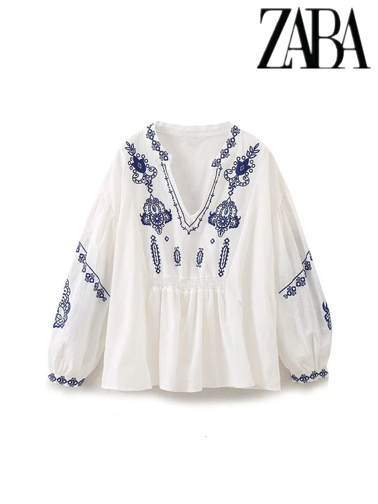 TRAF Womens Ethnic Style Embroidery Literature Long Sleeve Shirt Vintage Temperament V-Neck Womens Fashion Loose Peplum Shirt 250326