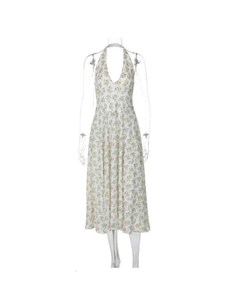 Dongdumaoyi Lente Zoete Stijl Rugloze Halter Mode Bloemenprint Taille Kalkende Veelzijdige Damesjurk Met Volledige Zoom