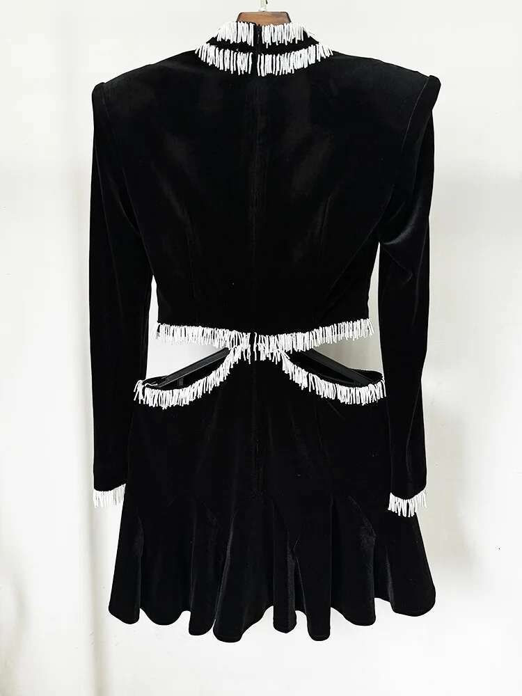 HIGH STREET 2025 Newest Fashion Designer Dresses Women's Long Sleeve Beaded Veet Hollow Out Dress
