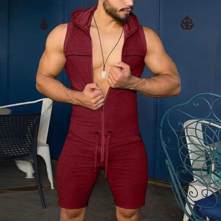 Mens summer clothing solid color short sleeved jacket casual street sports appeal jumpsuit S-3XLXJ250326