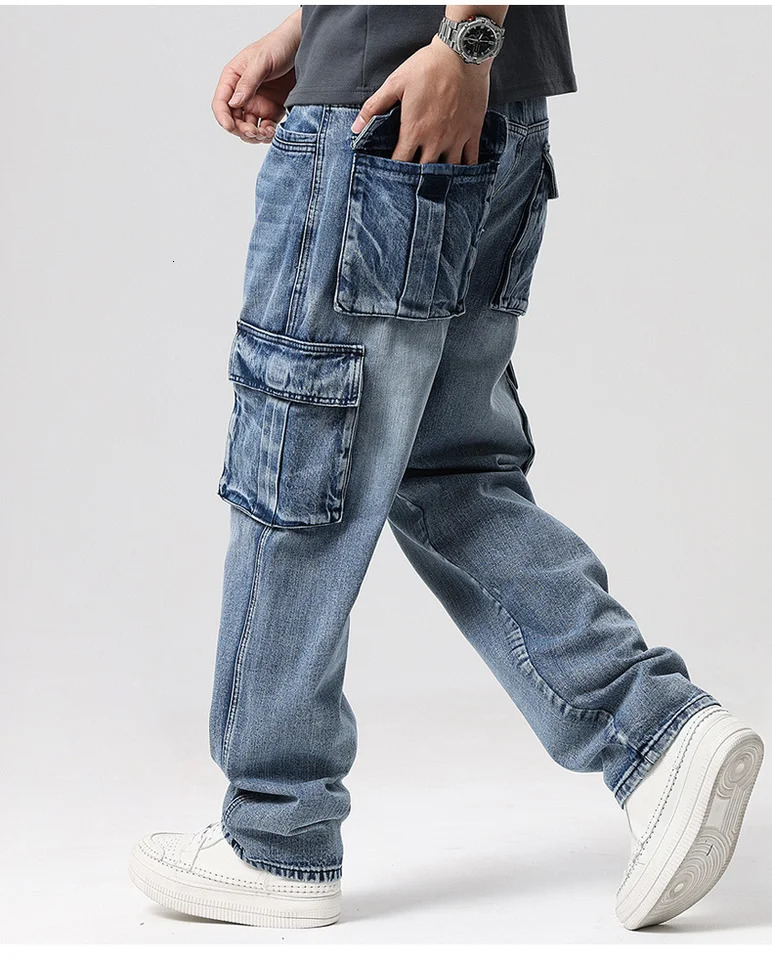 Large Size Loose Jeans Men Denim Pants Straight Pocket Baggy Casual Streetwear Hip Hop Blue Wide Leg Cargo Trousers 250317