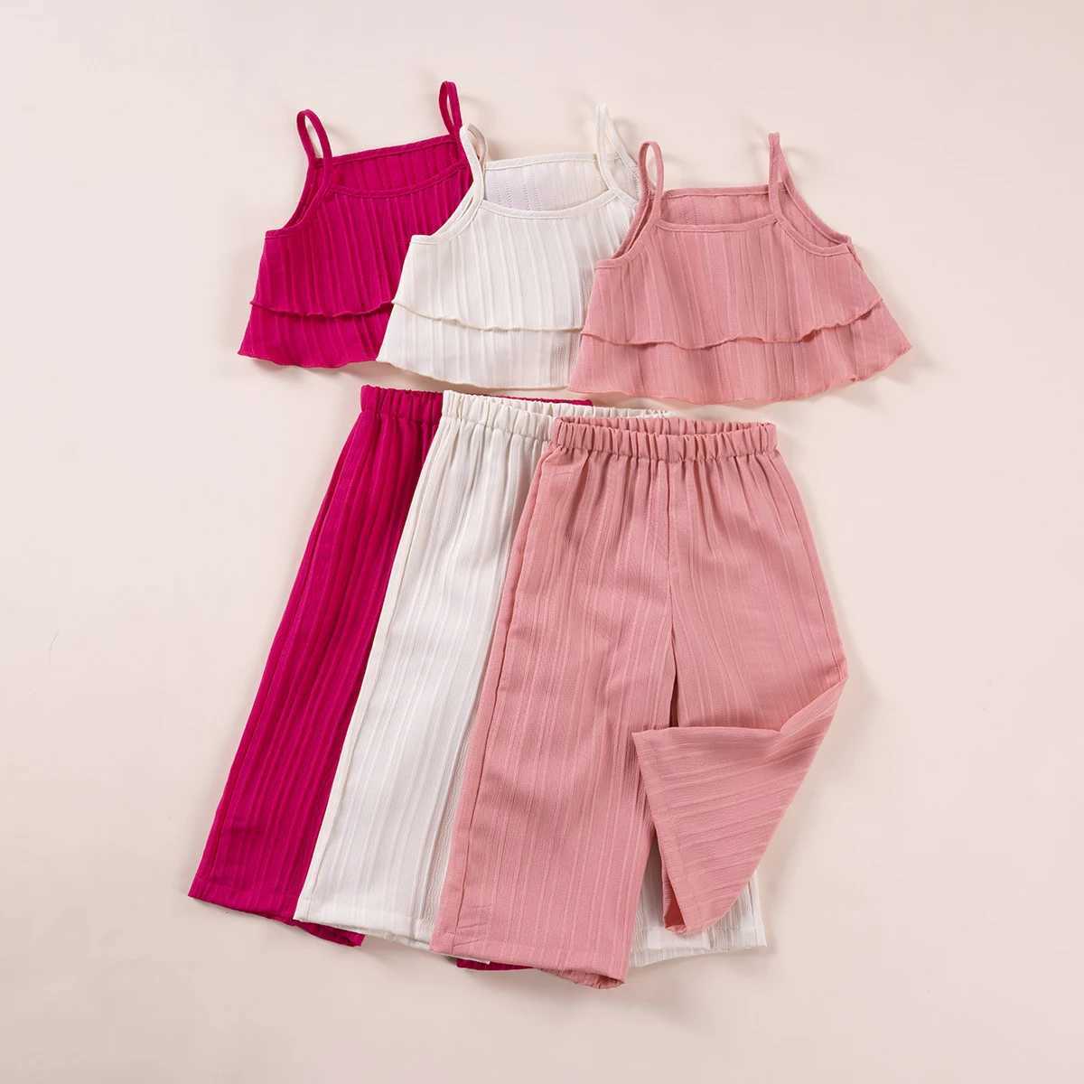 2024 Summer Casual Fashion Set for Preschool Girls Solid Color Wave Striped Strap Pants 2 pieces Baby Girls Clothing Hot SellingT250327