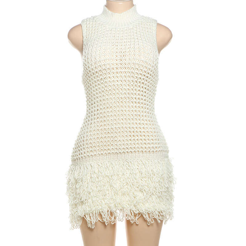 Tassels Hollow Knit Out Elegant Mini Dress Women Slim O-neck Sleeveless Female Beach Dresses 2025 Summer Lady Fashion Vestidos