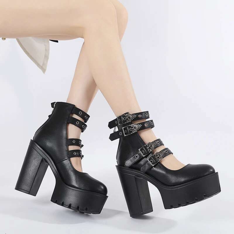 Gdgydh Goth Style Women Block Heels for Halloween Fashion Buckle Strap Dress Pumps Platform Mary Jane Shoes Stylish Back Zipper