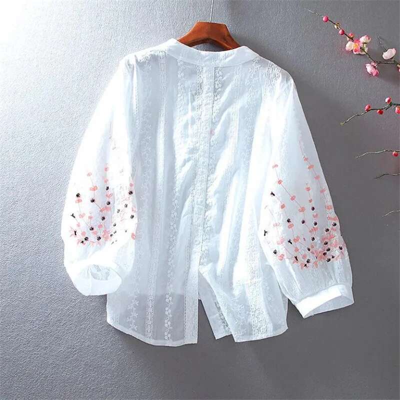 hoodie V-Neck Embroider Blouses For Women Shirt Lace Lantern Sleeves Cotton Bluasa Loosetop Casual Versatile Summer Thin Feminine Blous jacket