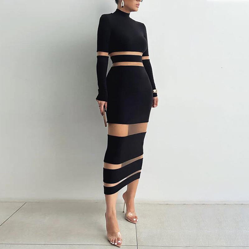 Designer Dress 2025 Spring/summer Women's Long Skirt New Sexy Mesh Splicing Collar High Waist Slimming Long Skirt Trendy Long Sleeve Top Ladies&#