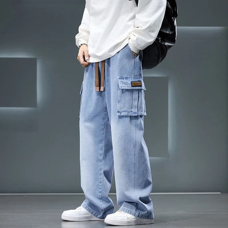 Autumn Wide Leg Washing Jean Pants Men Trousers Neutral Solid Color Loose Casual Fashion Pocket Cargo Pants Big Size 8xl 250317