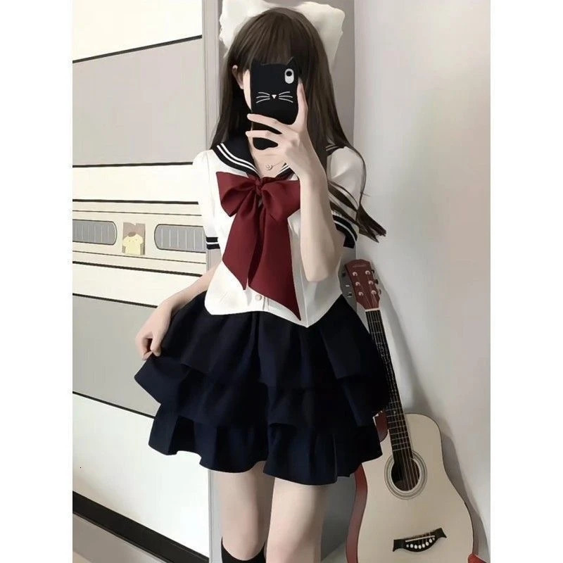 Japanese school uniform Jk Plus size S8XL sailor Korean preparatory girls navy bow pommel womens ski suit 250326