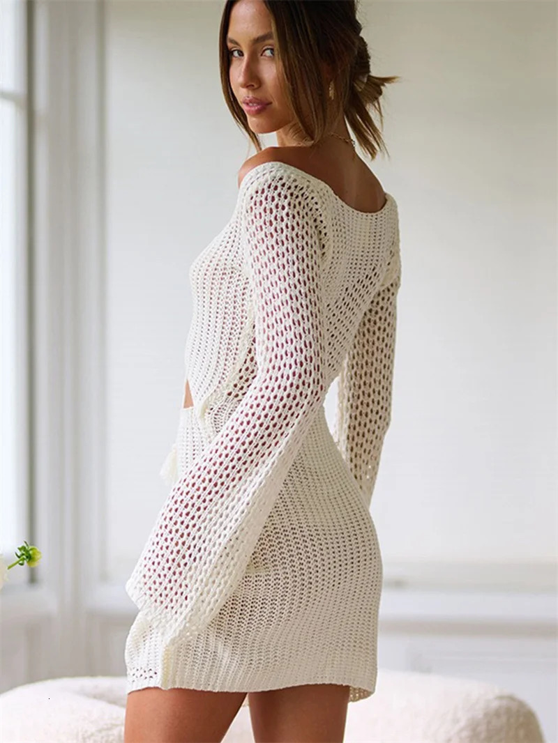 Para Praia long sleeved mesh dress swimsuit beach wear womens fashionable beach wear solid color brushed swimsuit 250324