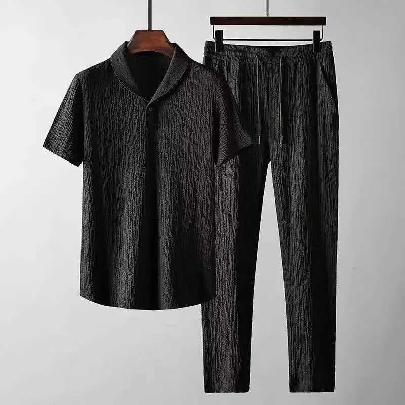 Mens pleated ice silk T-shirt short sleeved sportswear pants a lightweight summer outfitXJ250326