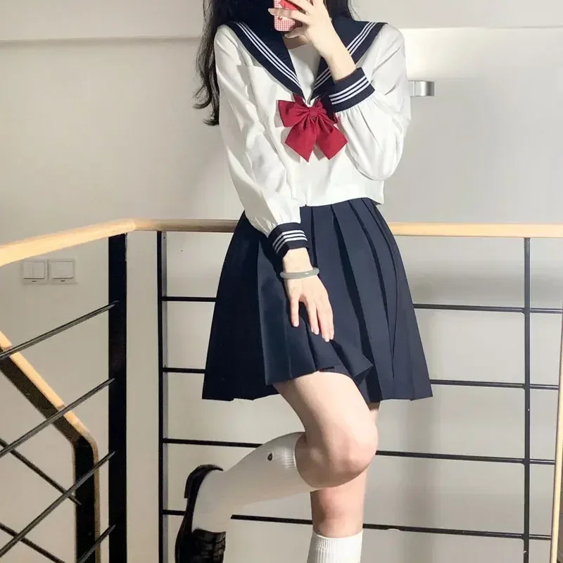 White Navy Sailor Set School Girls Uniform Japanese Seifuku Student Female Sexy JK Fold Dress 250326