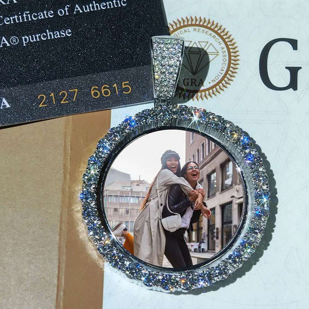 Custom Rotate Double Side Photo S925 Personalized Pendants VVS Moissanite Circle Picture Chain Bling Charm Necklaces Jewelry