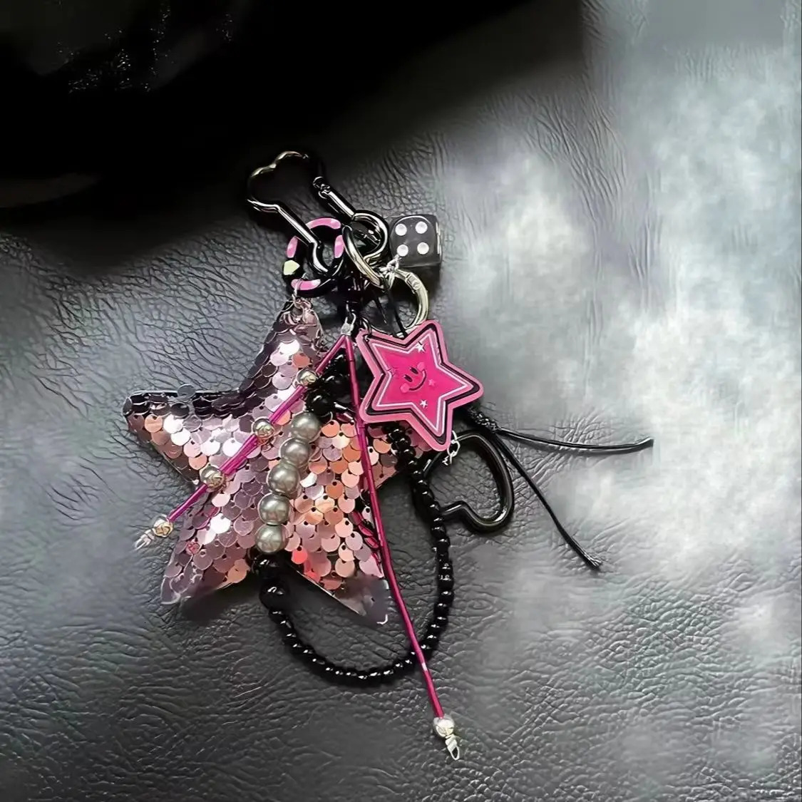 Handmade backpack pendant Sequin pentagram leopard print Hand woven rope keychain250325