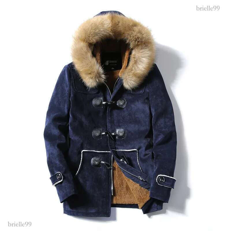 Men's Down Autumn And Winter Fur Collar Horn Buckle Velvet Leather Coat Long Section Slim Thick Warm Youth Cotton Jacket BY261