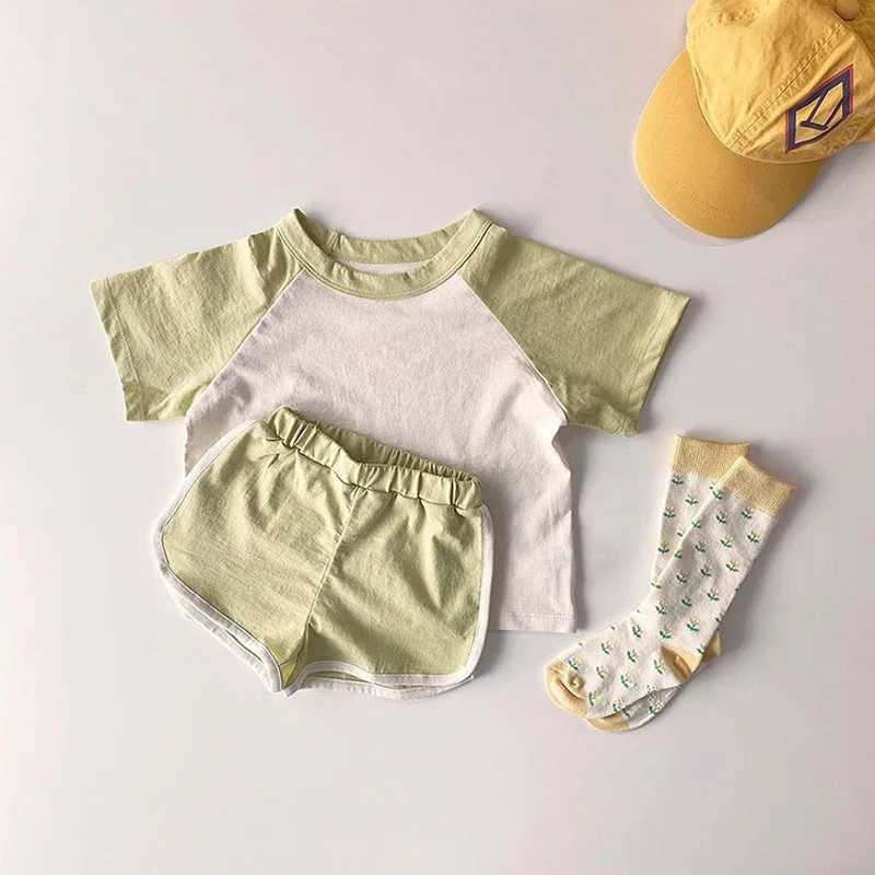 Childrens clothing girl set 2024 summer short sleeved patch work T-shirt+shorts set casual clothing baby mens clothing setT250327