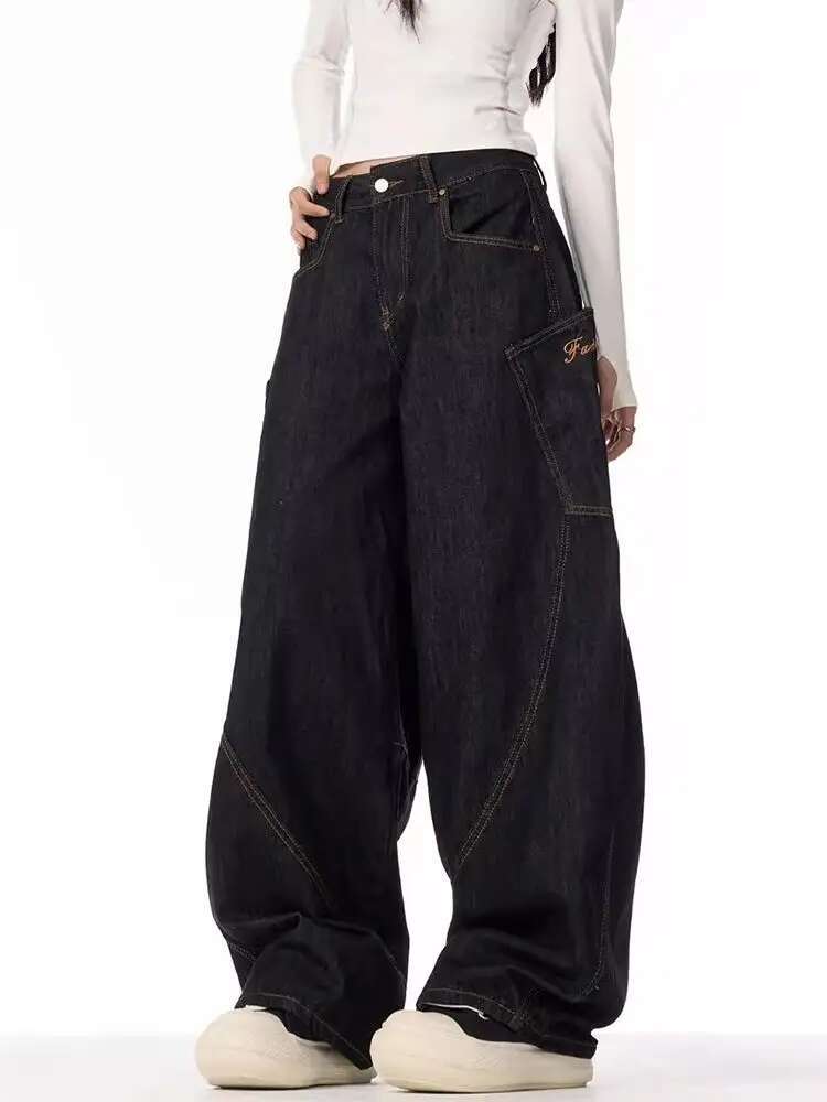 HOUZHOU Vintage Grunge Y2k Jeans Women High Street Black Baggy Trousers Wide Punk Casual Straight Oversized Denim Pants