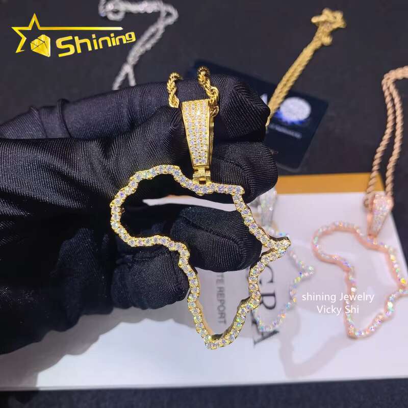 Hot Selling New Design Hip Hop Jewelry S925 Silver Gold Plated VVS Moissanite Diamond Map Pendant for Necklace