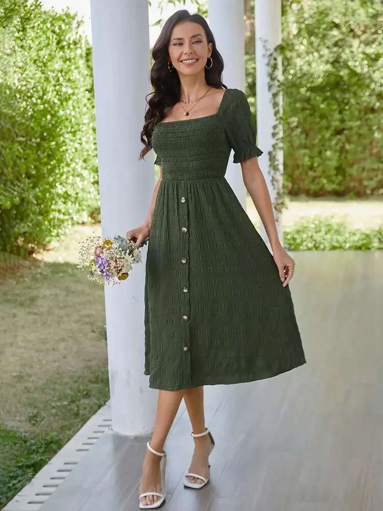 Dongdumaoyi Lente Zomer Elegante Korte Mouwen Knoopversierde Geplooide A Lijn Maxi Jurk Met Pofmouwen Model A