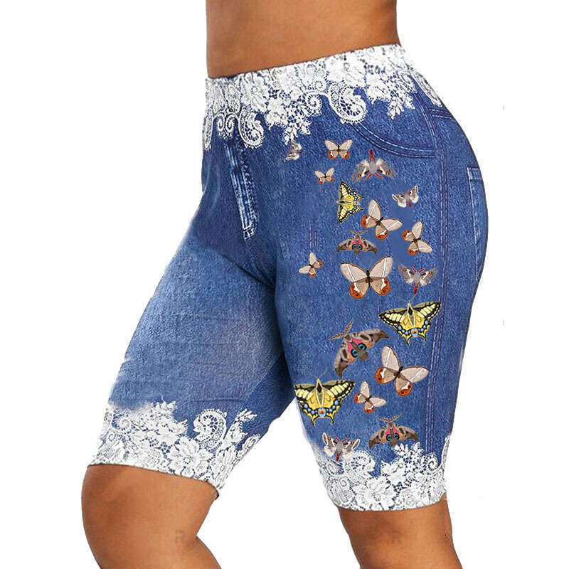 Women Yoga Pants Printed Lace Imitation Denim Butterfly Pattern High Waisted Yoga Shorts And Fitness Pants With Hip Lifting