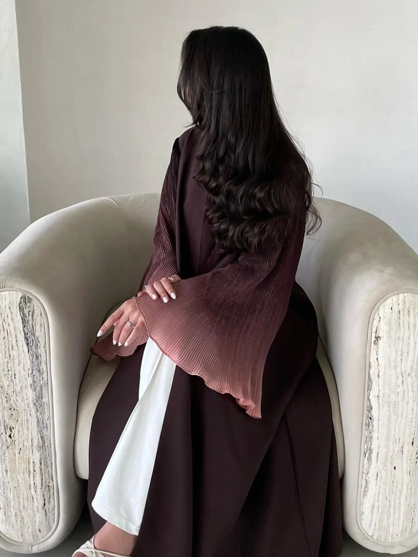 Middle East Abaya Muslim Womens Flame Sleeve Casual Arab Pleated Open Front Abayas Kaftan Islamic Dress 250326