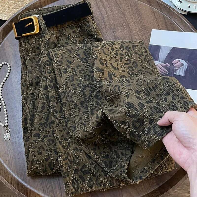 Leopard Print Womens Jeans High Waist Vintage Straight Baggy Pants Street Hottie Y2k American Style Wide Leg Denim Trouser