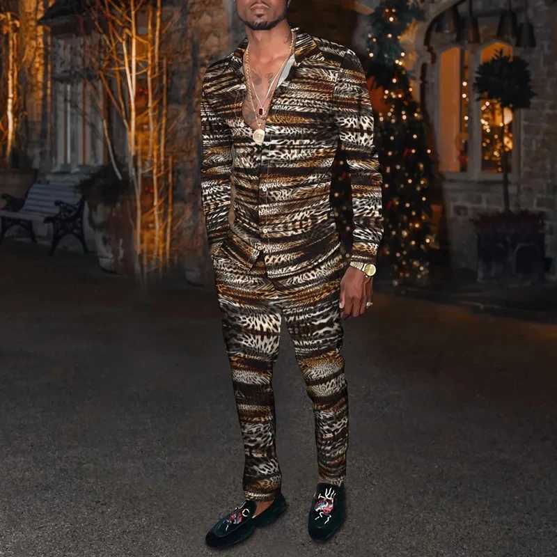 Leopard 3D printed fashionable summer mens casual sportswear patch mens collar long sleeved shirt long pants two-piece clothing setXJ250326