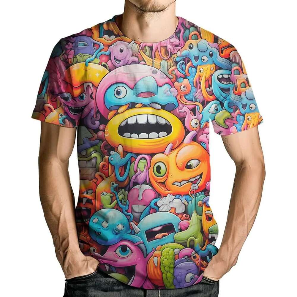Men s and women D Trippy graffiti animation graphic T shirt short sleeved round neck