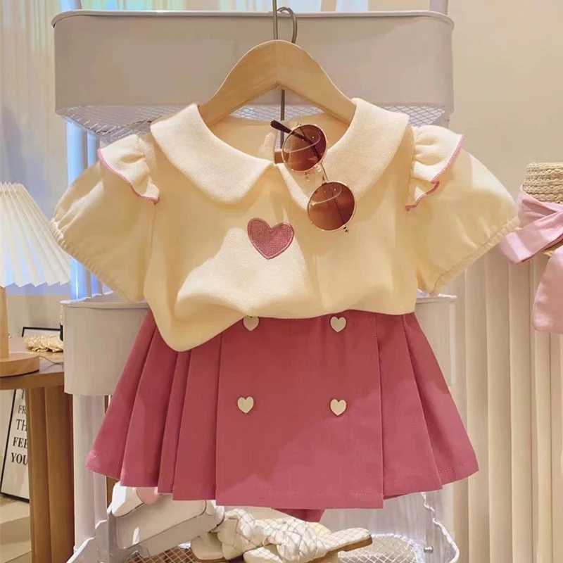 Fashion girls clothing set summer new heart-shaped printed doll collar T-shirt+shorts 2PCS set 3 4 5 6 8 year old childrenT250327