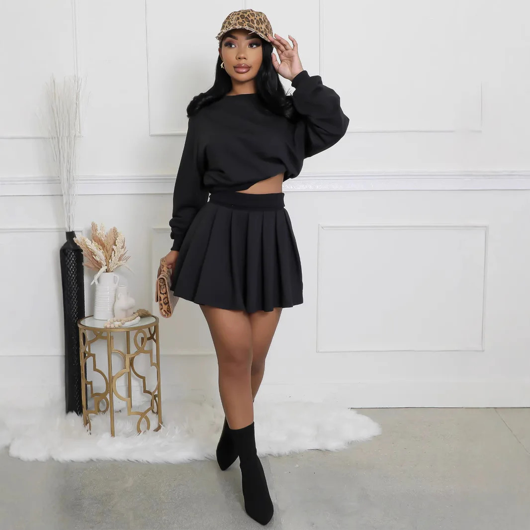 Customized European and American womens clothing twopiece casual long sleeved skydiving top pleated mini skirt 250326